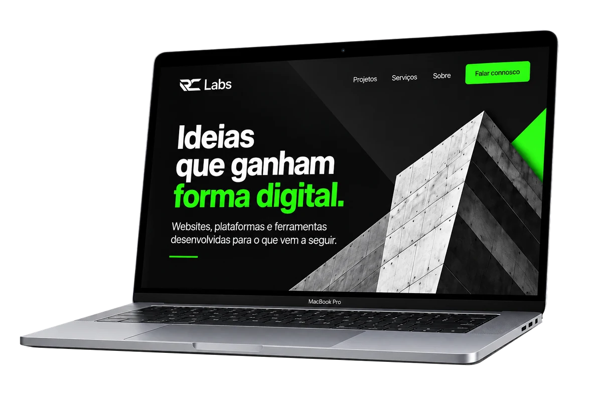 MacBook com uma proposta visual de website RC Labs e arquitetura conceptual.